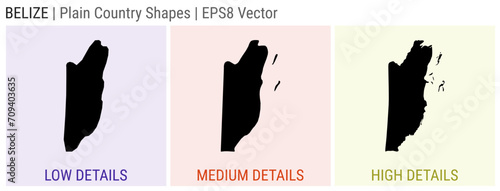 Belize - plain country shape. Low, medium, and high detailed maps of Belize. EPS8 Vector illustration.