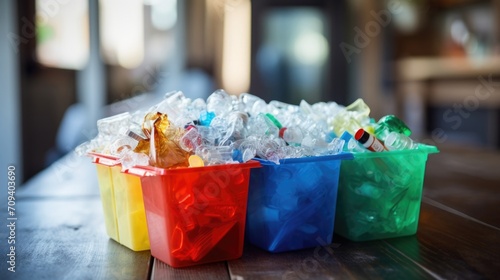 Closeup of a bin filled with assorted recyclable materials like paper, plastic, and aluminum. © Justlight