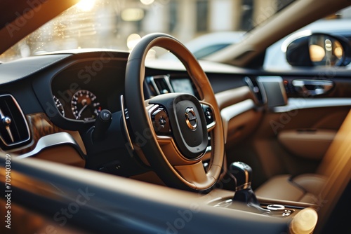 a car dashboard with a steering wheel © progressman