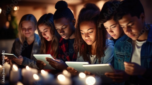 Closeup of a diverse group of teenagers reading from their tablets, fully engaged in their digital literacy lesson. photo