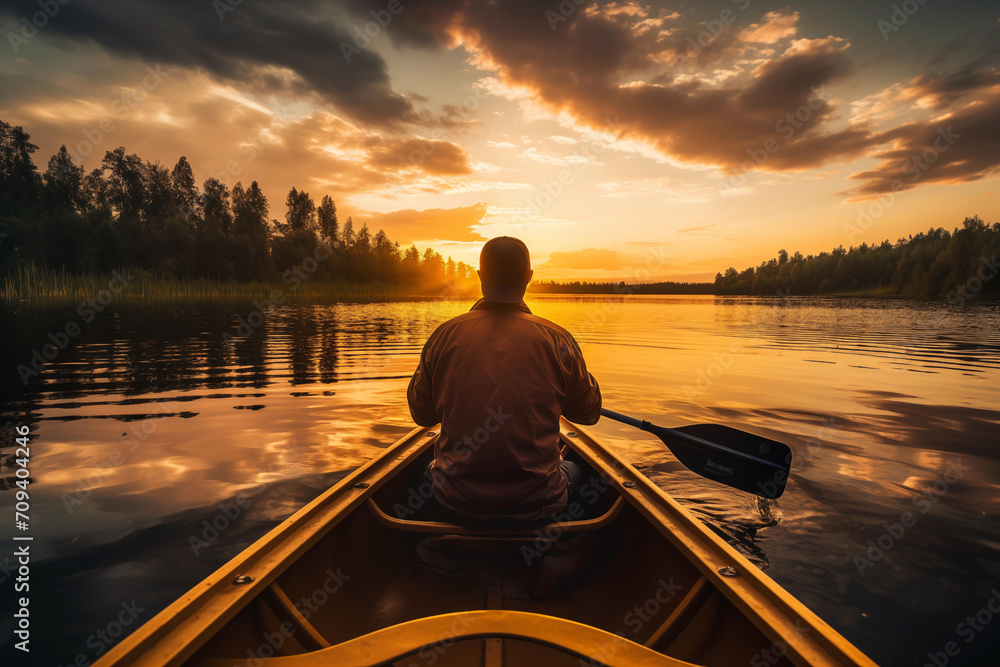 Rear view of man in canoe admiring golden sunset from  lake. - obrazy, fototapety, plakaty 