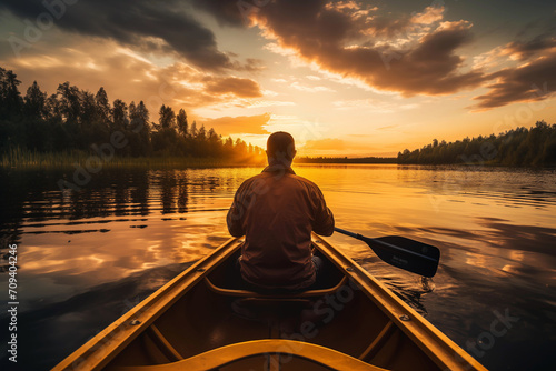 Rear view of man in canoe admiring golden sunset from  lake.