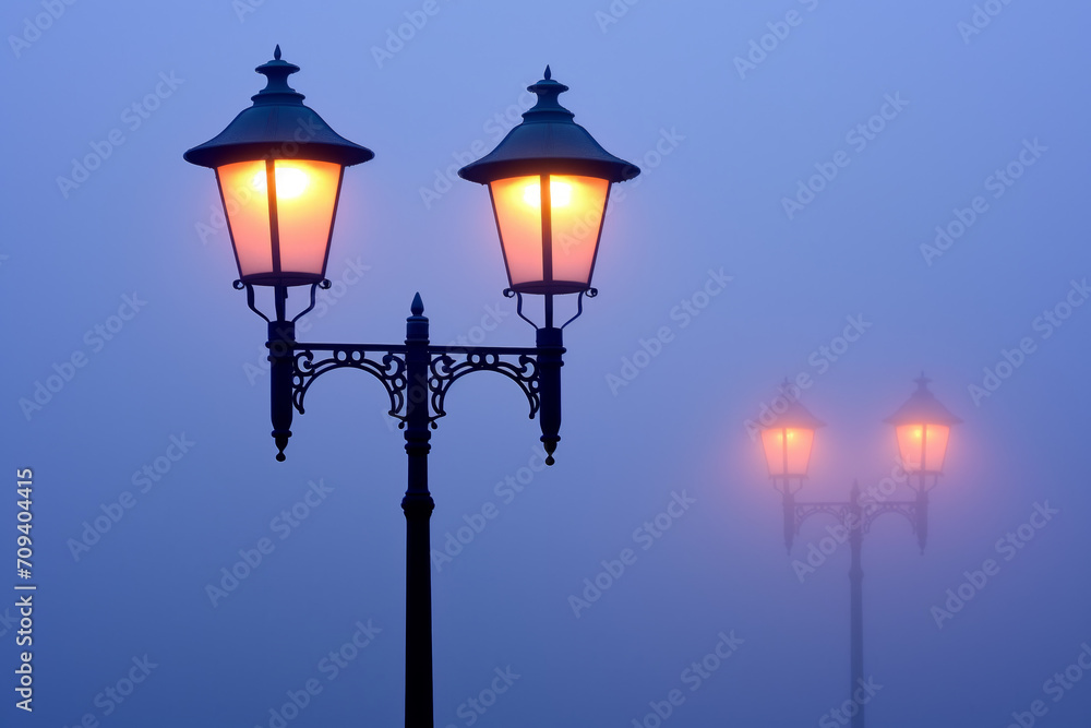 A street lamp that lights up at in foggy weather