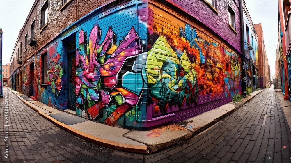 Fototapeta premium cityscape perspective urban background illustration skyline architecture, street graffiti, alleyway pavement cityscape perspective urban background