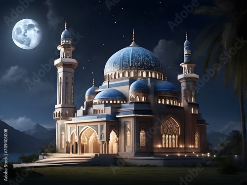 A stunning mosque illuminated by the moonlight, its intricate architecture and peaceful atmosphere inviting you to step inside and experience its beauty.