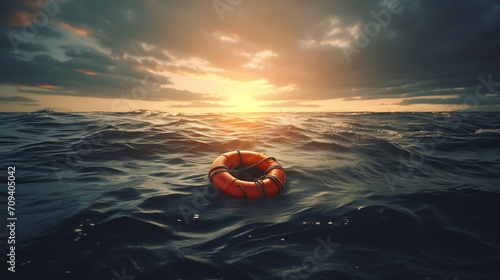 Lifebuoy Floating on Open Sea at Sunset. Rescue, Safety and Hope Concept photo