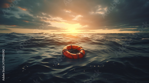 Lifebuoy Floating on Open Sea at Sunset. Rescue, Safety and Hope Concept