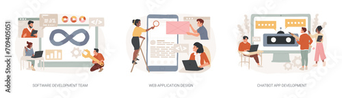 Professional programming isolated concept vector illustration set. Software development team, web application design, chatbot app, remote teamwork, outsource company, user interface vector concept.