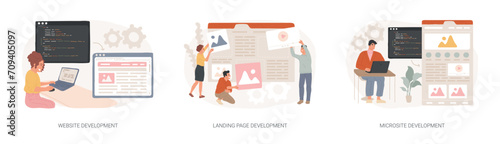 Webpage programming isolated concept vector illustration set. Website, landing page, microsite development, layout, front and back end, design template, menu bar, user experience vector concept. photo
