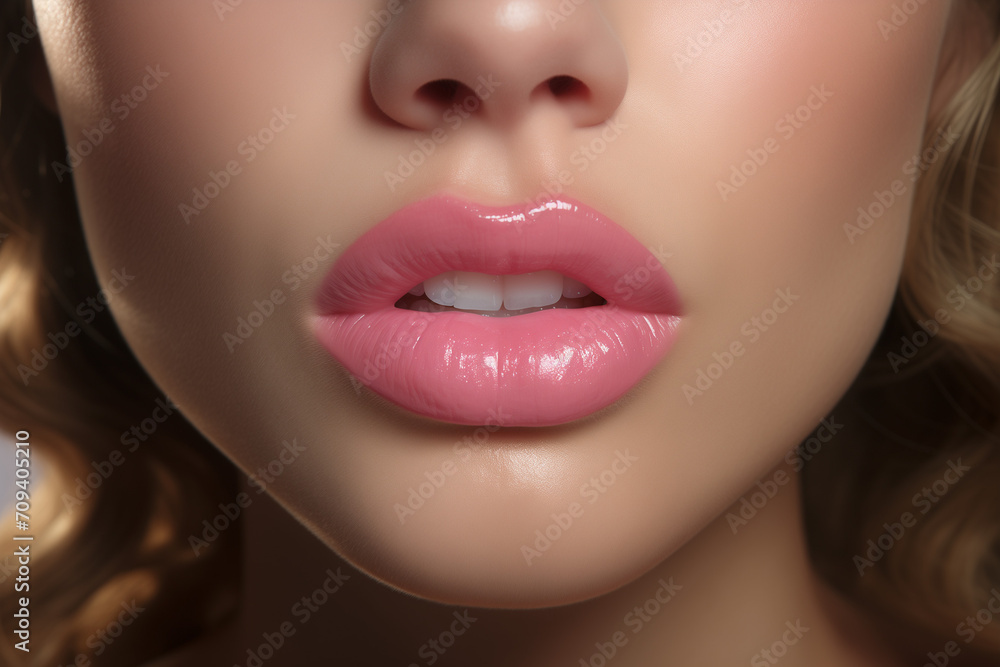 Fototapeta premium Bubblegum Pink Lips, Lips Longing for the Gentle Love of a Beautiful Kiss, Radiating Warmth and Affection