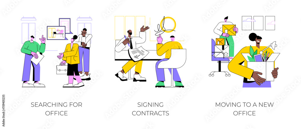 Successful entrepreneurship isolated cartoon vector illustrations set. Searching for corporate a workplace, signing contracts, business agreement, moving to a new office, coworking vector cartoon.