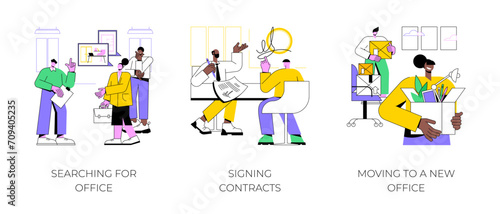 Successful entrepreneurship isolated cartoon vector illustrations set. Searching for corporate a workplace, signing contracts, business agreement, moving to a new office, coworking vector cartoon.
