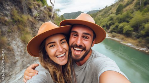 Joyful Couple in Matching Brown Hats Taking a Selfie on a Scenic River Background