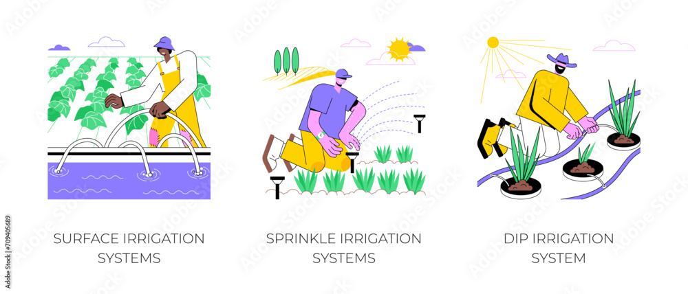 Fototapeta premium Irrigation systems isolated cartoon vector illustrations set. Farmer installs surface sprinkling equipment, automatic dip irrigation, agricultural input sector, agribusiness vector cartoon.