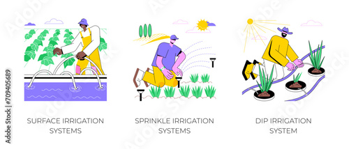 Irrigation systems isolated cartoon vector illustrations set. Farmer installs surface sprinkling equipment, automatic dip irrigation, agricultural input sector, agribusiness vector cartoon.