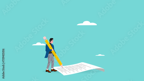content writer concept vector illustration, blogger, bullet journalist or publishing editor concept,smart man freelance holding big pencil thinking and writing content on notepad paper