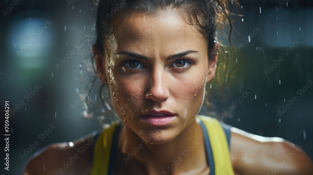 Closeup of a womans sweaty face after a challenging workout, with determination in her eyes. Closeup of a womans sweaty face after a challenging workout, with determination in her eyes.
