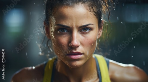 Closeup of a womans sweaty face after a challenging workout, with determination in her eyes.