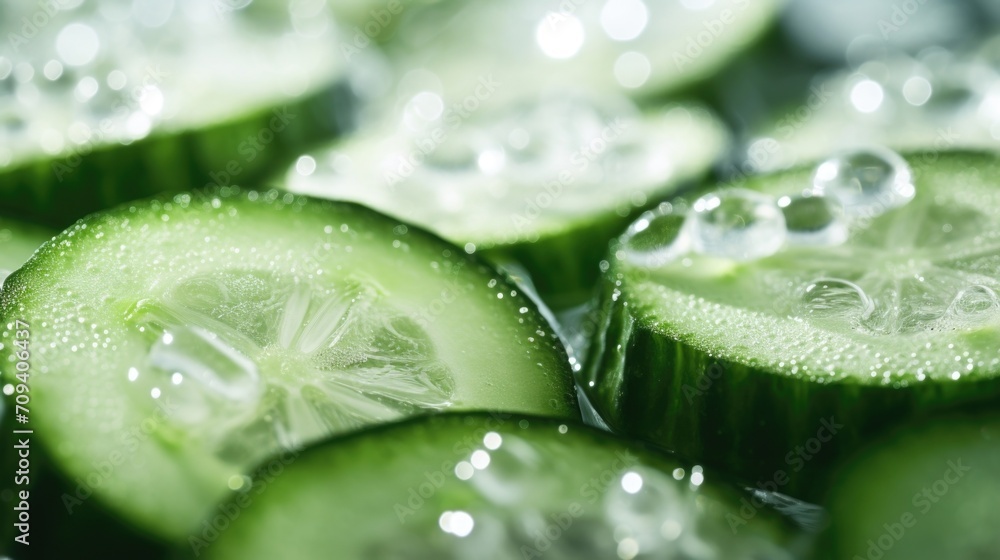 Closeup of a sliced cucumber, p on a bed of ice cubes, highlighting its cooling effect on the skin. Closeup of a sliced cucumber, p on a bed of ice cubes, highlighting its cooling effect on the skin.