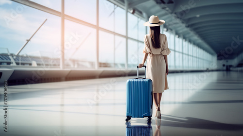 Elegant Woman Traveler in Beige Dress and Hat with Suitcase Walking at Airport Terminal Looking at Airplanes
