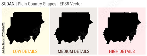 Sudan - plain country shapes. Low, medium, and high detailed maps of Sudan. EPS8 Vector illustration.