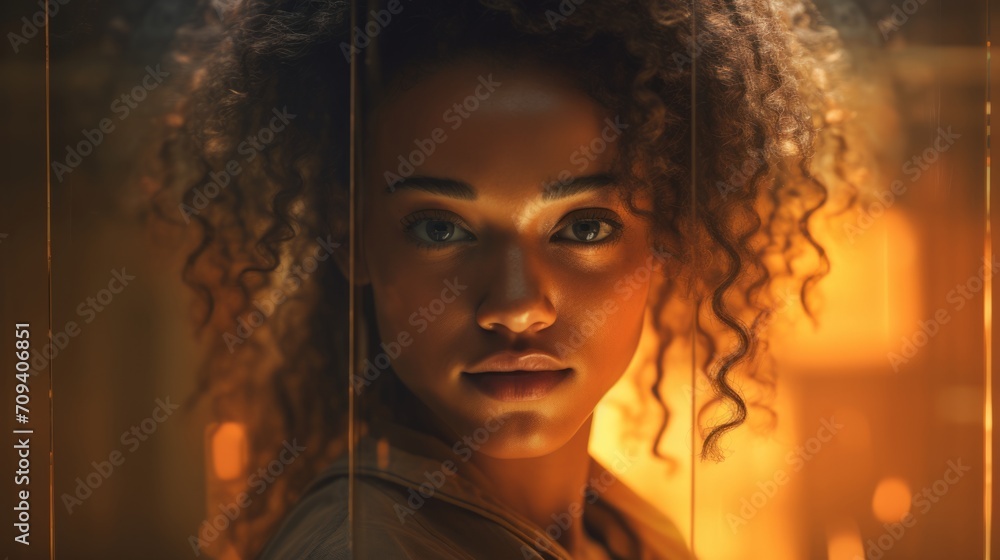 Photorealistic Adult Black Woman with Brown Curly Hair Futuristic Illustration. Portrait of a person in cyberpunk style. Cyberspace Ai Generated Horizontal Illustration.