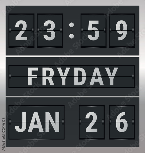 Split-flap clock and calendar. Vintage style. Vector illustration
