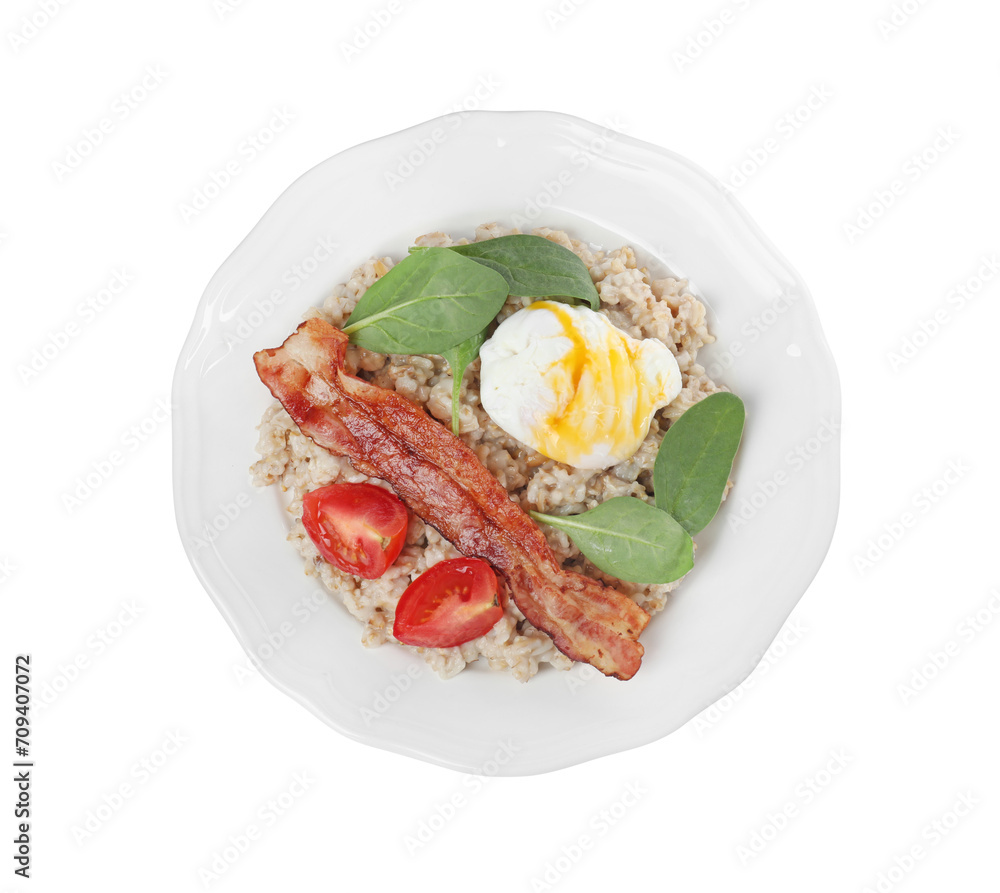 Delicious boiled oatmeal with poached egg, bacon and tomato isolated on white, top view