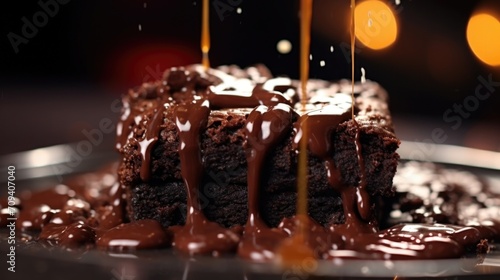 Closeup of a dripping chocolate drizzle over a rich, fudgy brownie, inviting viewers to take a bite. photo