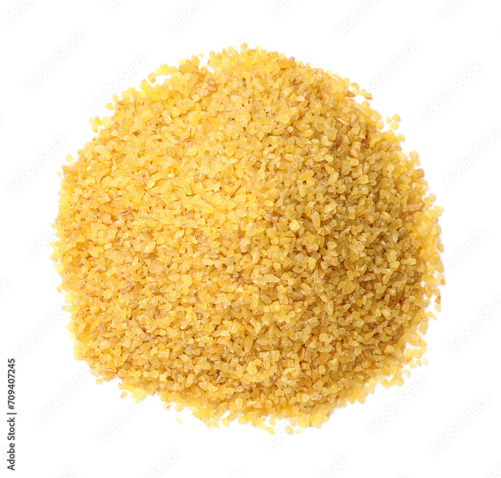 Pile of raw bulgur isolated on white, top view Pile of raw bulgur isolated on white, top view