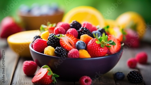 An overhead shot of a bowl filled with various colorful fruits  highlighting their freshness and health benefits.