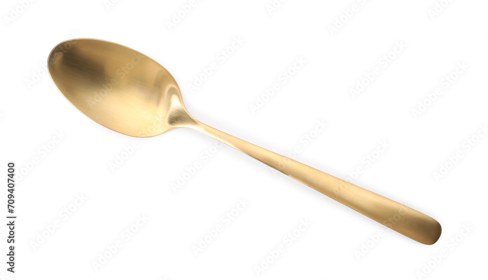 One shiny golden spoon isolated on white, top view One shiny golden spoon isolated on white, top view