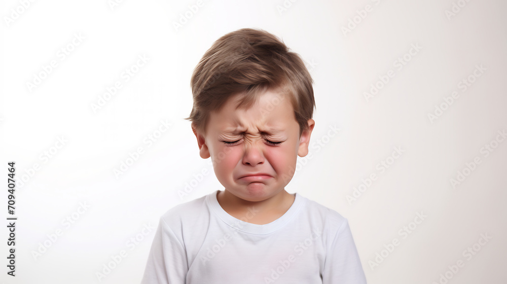 Little Boy with Tearful Eyes and Pained Expression on White Background, Emotion Concept Little Boy with Tearful Eyes and Pained Expression on White Background, Emotion Concept