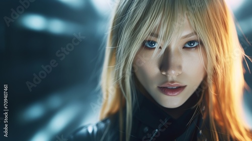 Photorealistic Adult Chinese Woman with Blond Straight Hair Futuristic Illustration. Portrait of a person in cyberpunk style. Cyberspace Ai Generated Horizontal Illustration.