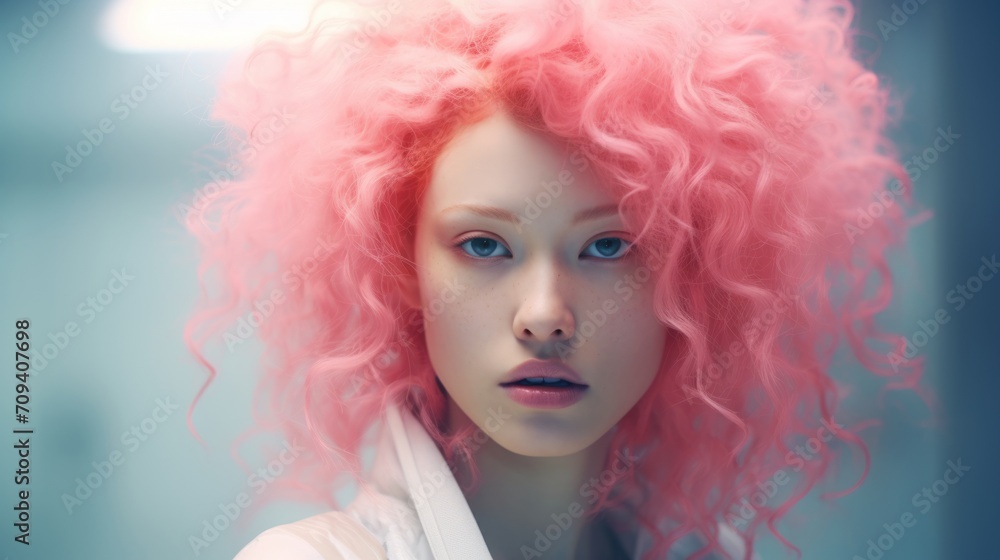 Photorealistic Adult Chinese Woman with Pink Curly Hair Futuristic Illustration. Portrait of a person in cyberpunk style. Cyberspace Ai Generated Horizontal Illustration.