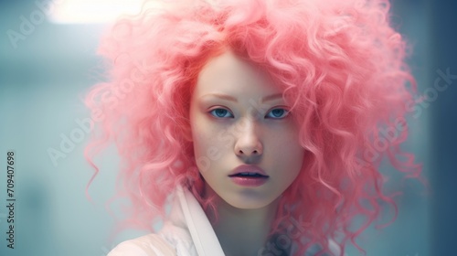 Photorealistic Adult Chinese Woman with Pink Curly Hair Futuristic Illustration. Portrait of a person in cyberpunk style. Cyberspace Ai Generated Horizontal Illustration.