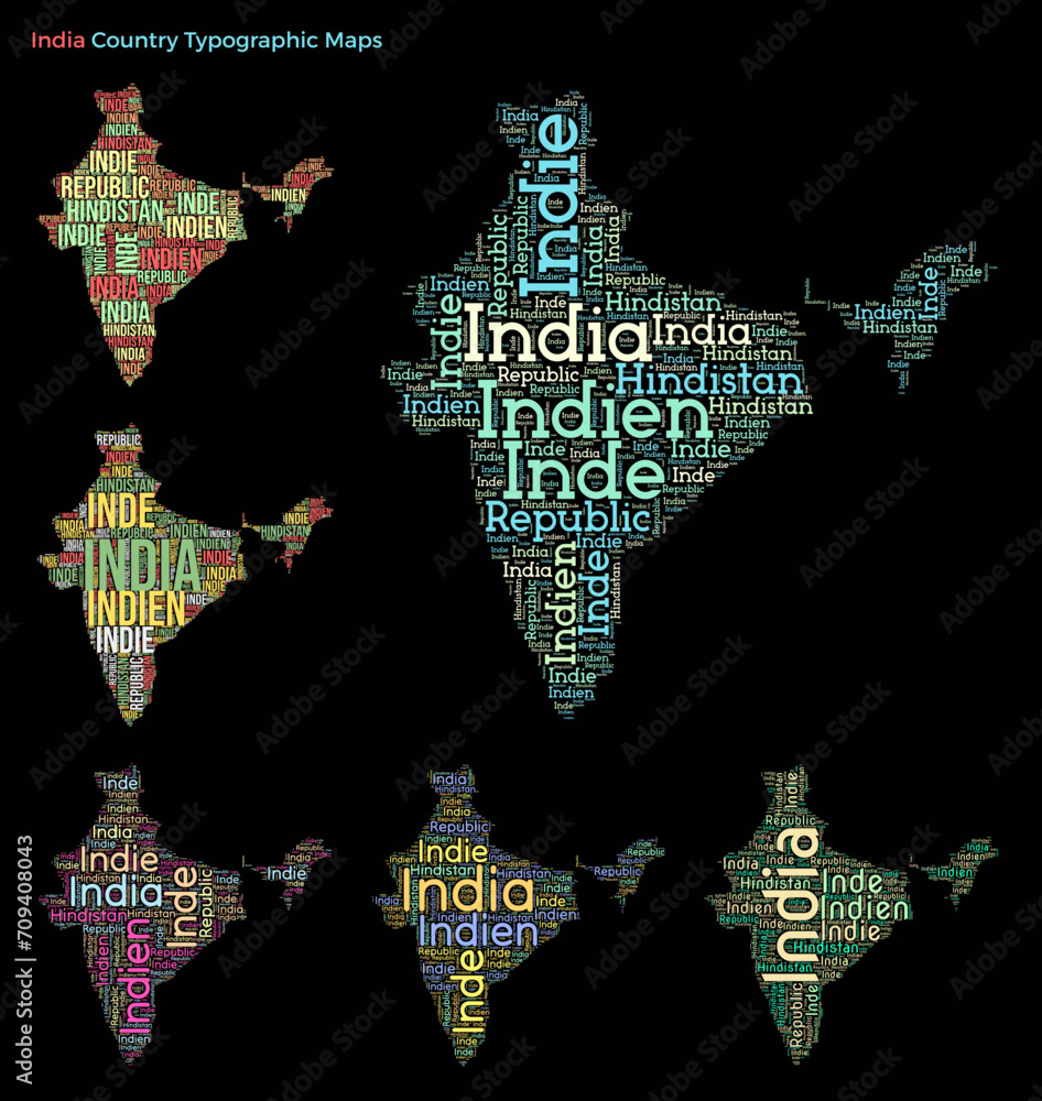 India. Set of typography style country illustrations. India map shape build of horizontal and vertical country names. Vector illustration.