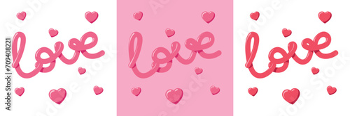Volumetric pink word Love is like balloon on transparent background. Heart. Vector illustration. Card for lover on Valentine's Day. Concept of spring holiday, February 14, happiness, marriage, wedding