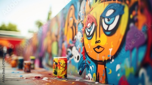 Detail shot of a collaborative street art piece, with multiple artists styles merging.