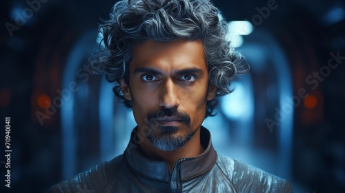 Photorealistic Adult Indian Man with Brown Curly Hair Futuristic Illustration. Portrait of a person in cyberpunk style. Cyberspace Ai Generated Horizontal Illustration.