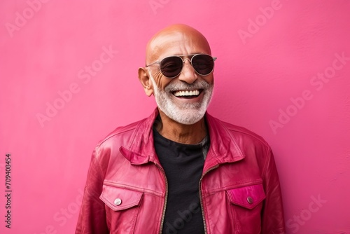 Portrait of a happy senior man in sunglasses against pink background.