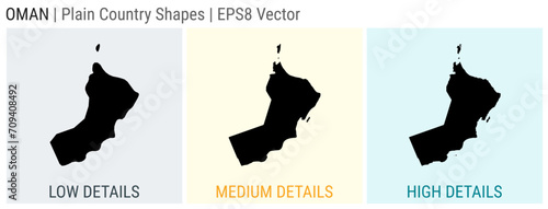 Oman - plain country shapes. Low, medium, and high detailed maps of Oman. EPS8 Vector illustration.