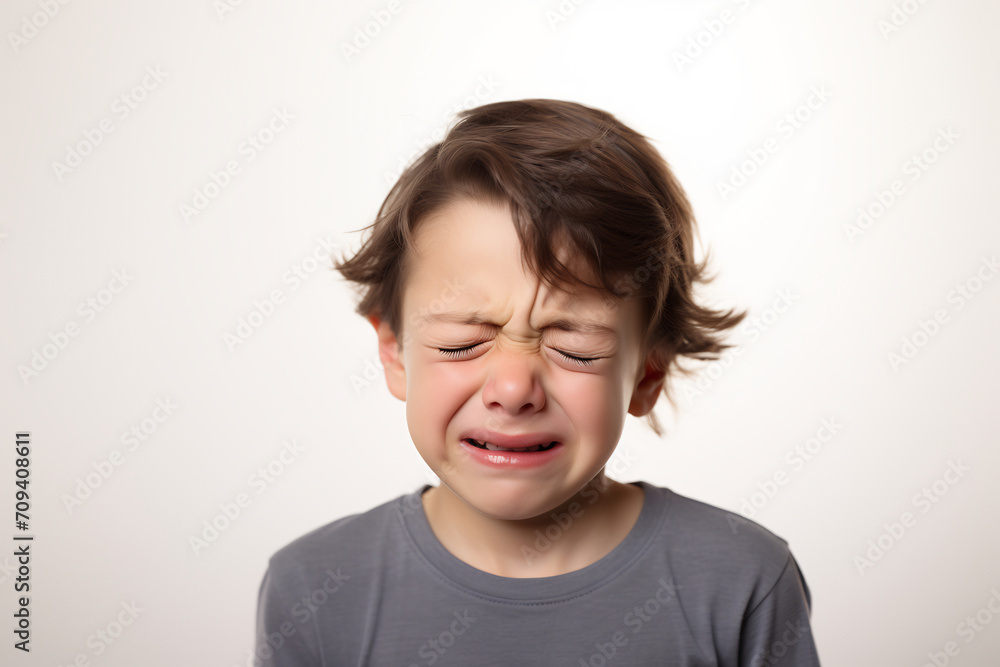 Little Boy with Tearful Eyes and Pained Expression on White Background, Emotion Concept Little Boy with Tearful Eyes and Pained Expression on White Background, Emotion Concept