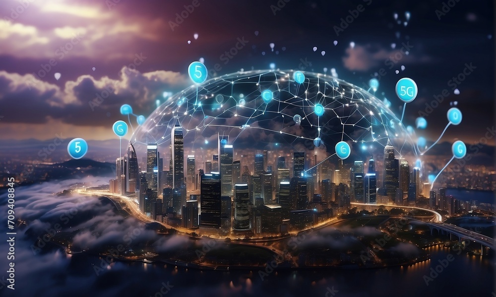 smart city, 5G wireless network, high-speed internet, cloud computing or connect diagram technology, Data storage, service, synchronize, online, financial, Connectivity global