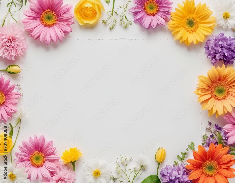 Greeting card template for wedding, mother's day or women's day. Spring composition with copy space. Banner with flowers on a white background. Flat style
