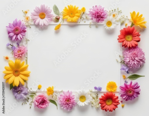 Greeting card template for wedding  mother s day or women s day. Spring composition with copy space. Banner with flowers on a white background. Flat style