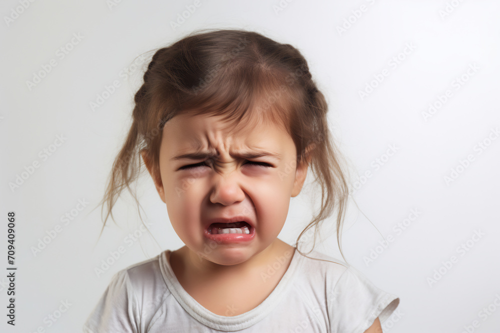 Little Girl with Tearful Eyes and Pained Expression on White Background, Emotion Concept Little Girl with Tearful Eyes and Pained Expression on White Background, Emotion Concept