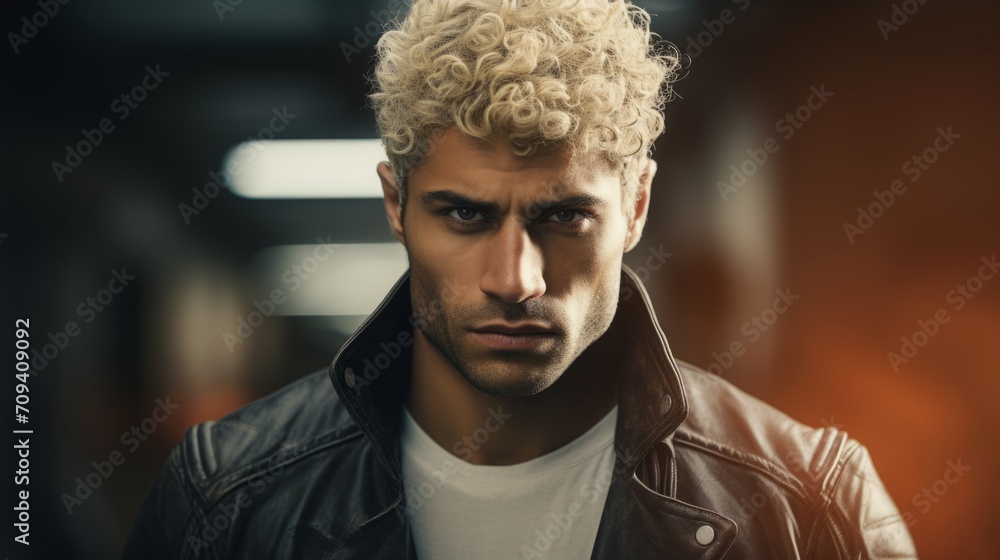 Fototapeta premium Photorealistic Adult Latino Man with Blond Curly Hair Futuristic Illustration. Portrait of a person in cyberpunk style. Cyberspace Ai Generated Horizontal Illustration.