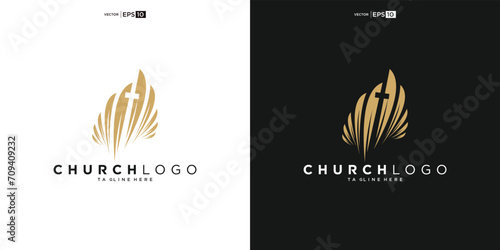 Church logo. Bible, Jesus' cross and angel wings. Wings church logo design icon.