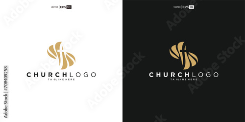 Church logo. Bible, Jesus' cross and angel wings. Wings church logo design icon.